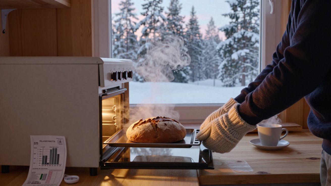 Person wearing mittens removing steaming freshly baked bread from oven in cozy wooden kitchen with snowy forest view
