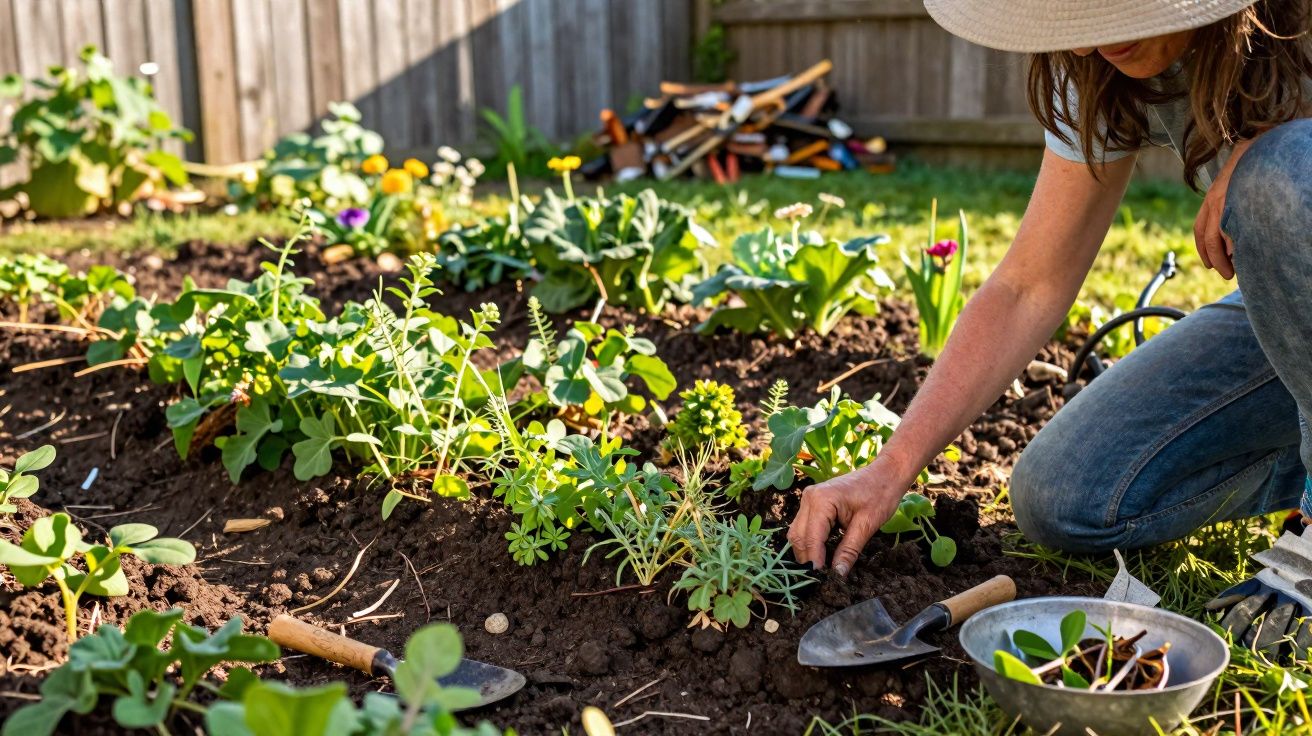 Person wearing a hat planting seedlings in a garden bed with tools and gardening supplies nearby.