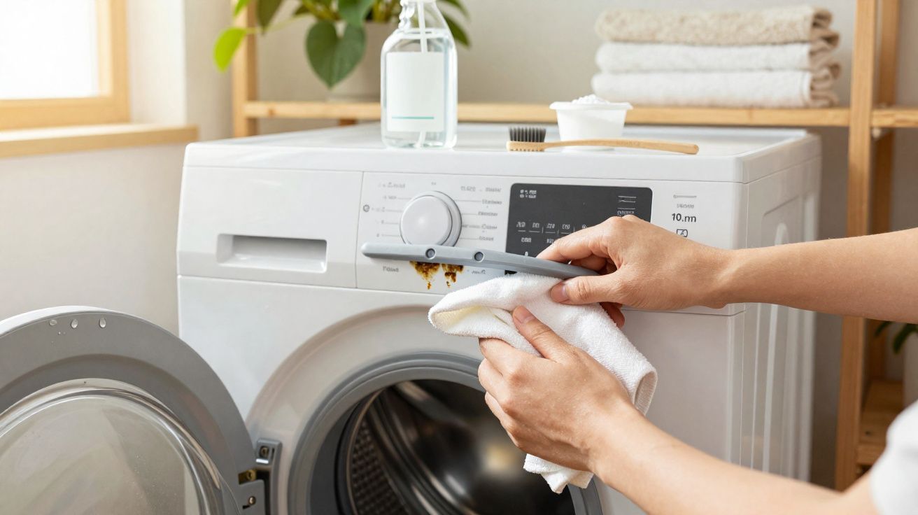 Hands cleaning a rust stain on a washing machine dial with a cloth and cleaning brush in a bright laundry room.