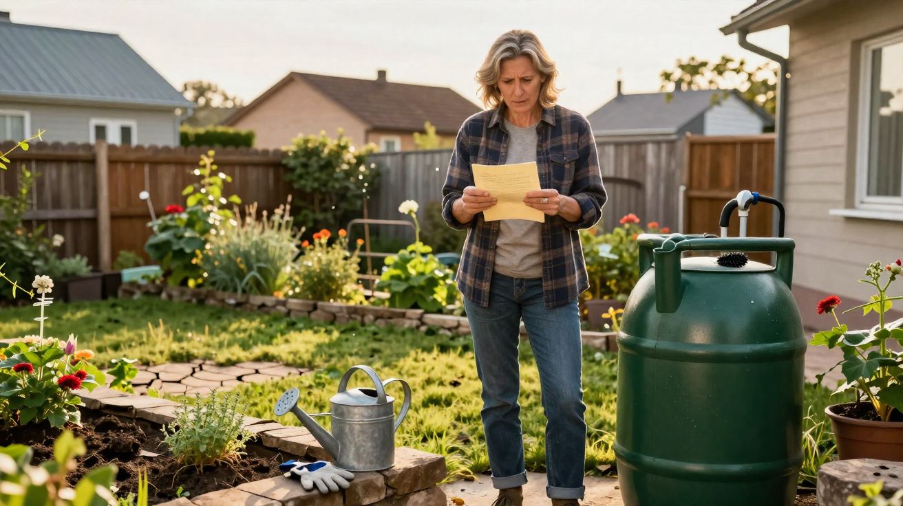 Middle-aged woman reading a letter in a sunny backyard garden surrounded by plants and gardening tools.