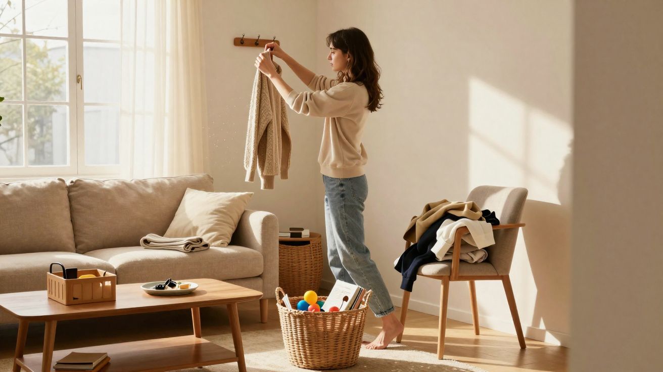 Woman hanging up a sweater on a wall hook in a bright living room with a sofa, chair, and basket of toys.