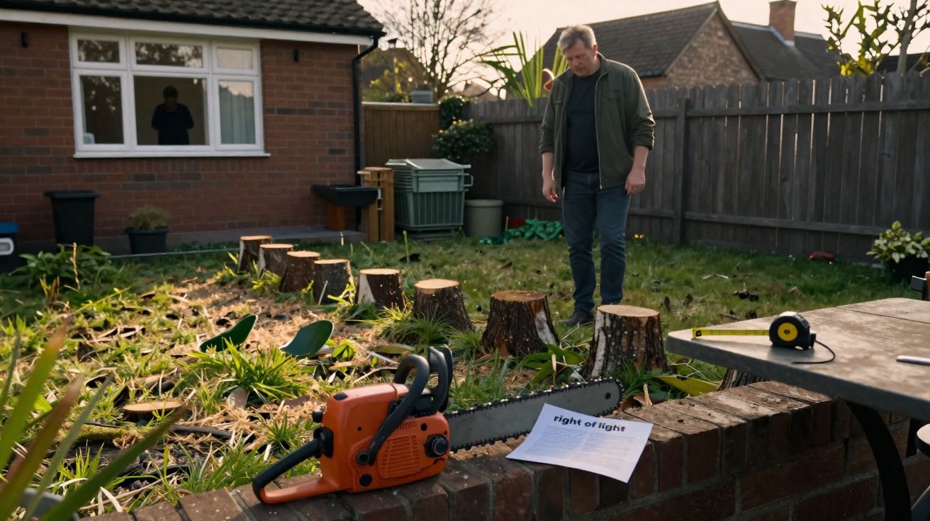 Man standing in garden with tree stumps, chainsaw, and paper titled "right of light" on wall.