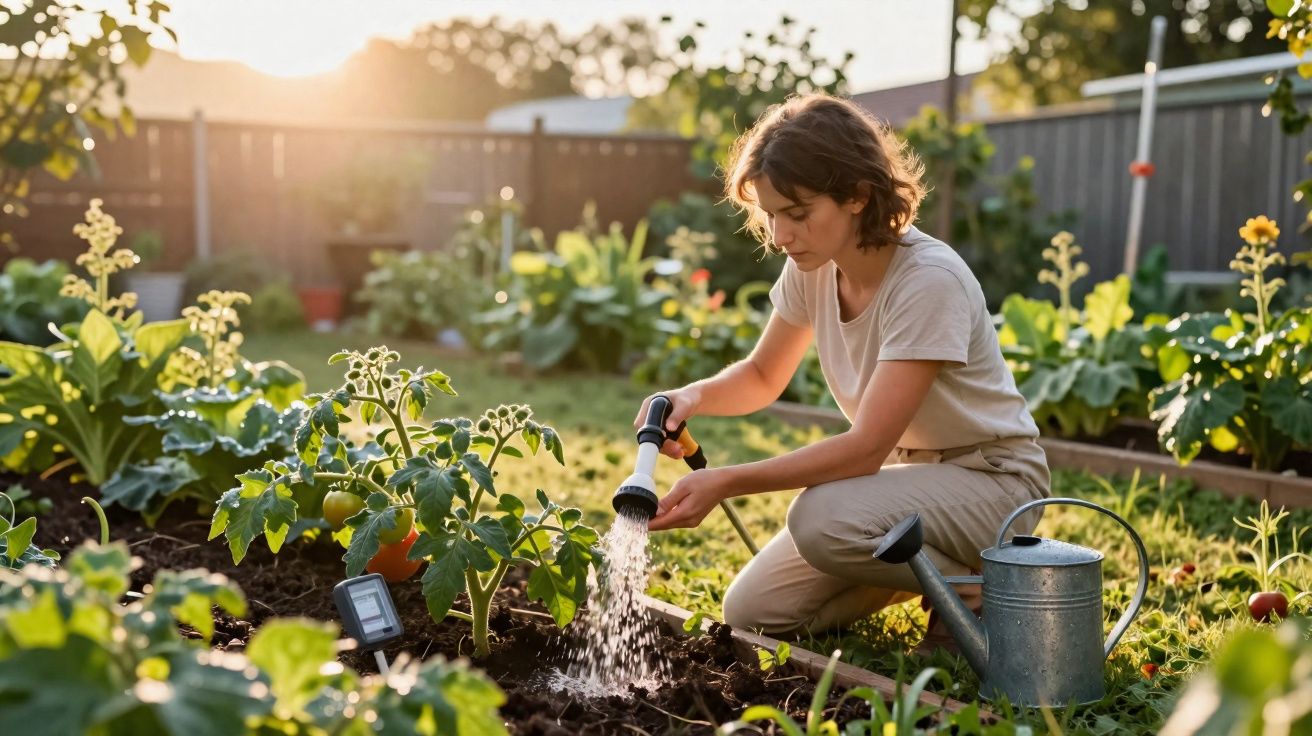 Woman watering tomato plants in a garden at sunset with a watering can beside her.