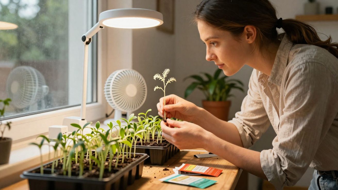 Woman examining young plant seedlings on a wooden table near a window with a lamp and fan.
