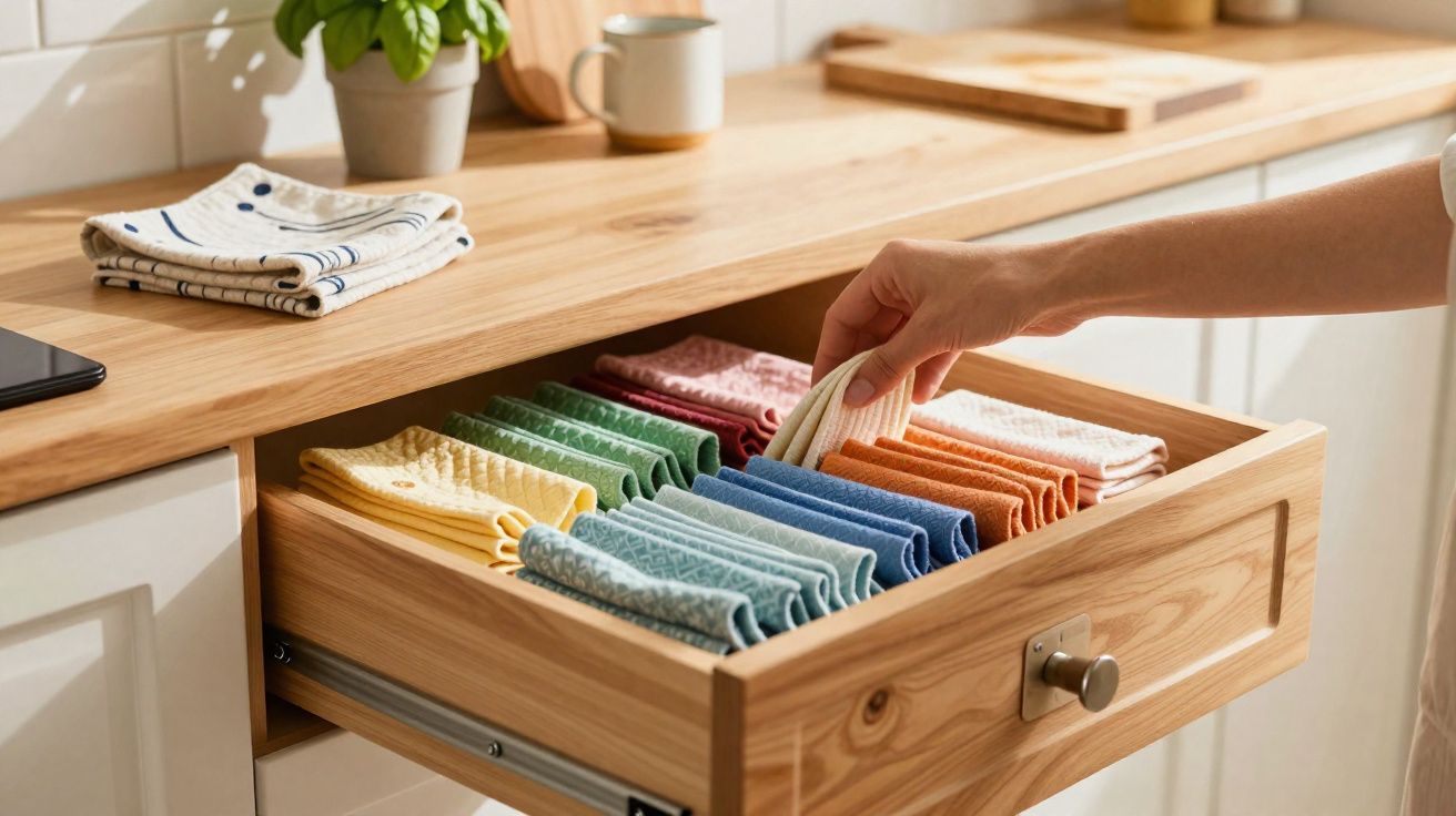 Hand organising a drawer of neatly folded colourful cloths in a bright wooden kitchen.