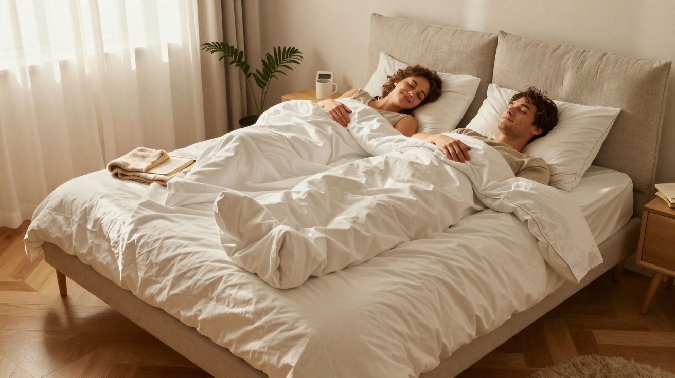 Couple peacefully sleeping in a bright bedroom with white bedding and a plant by the window.