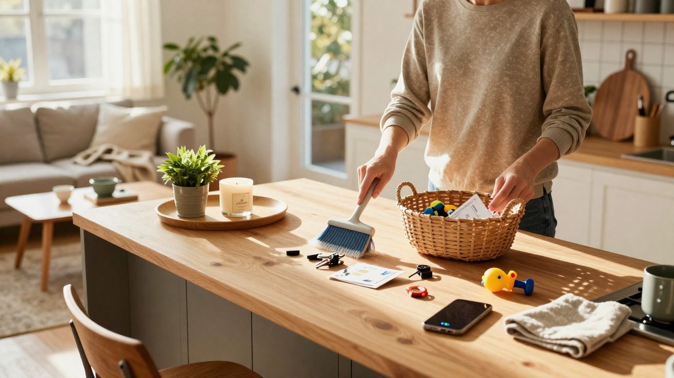 Person tidying a wooden kitchen island, sweeping clutter into a basket with sunlight streaming through windows.