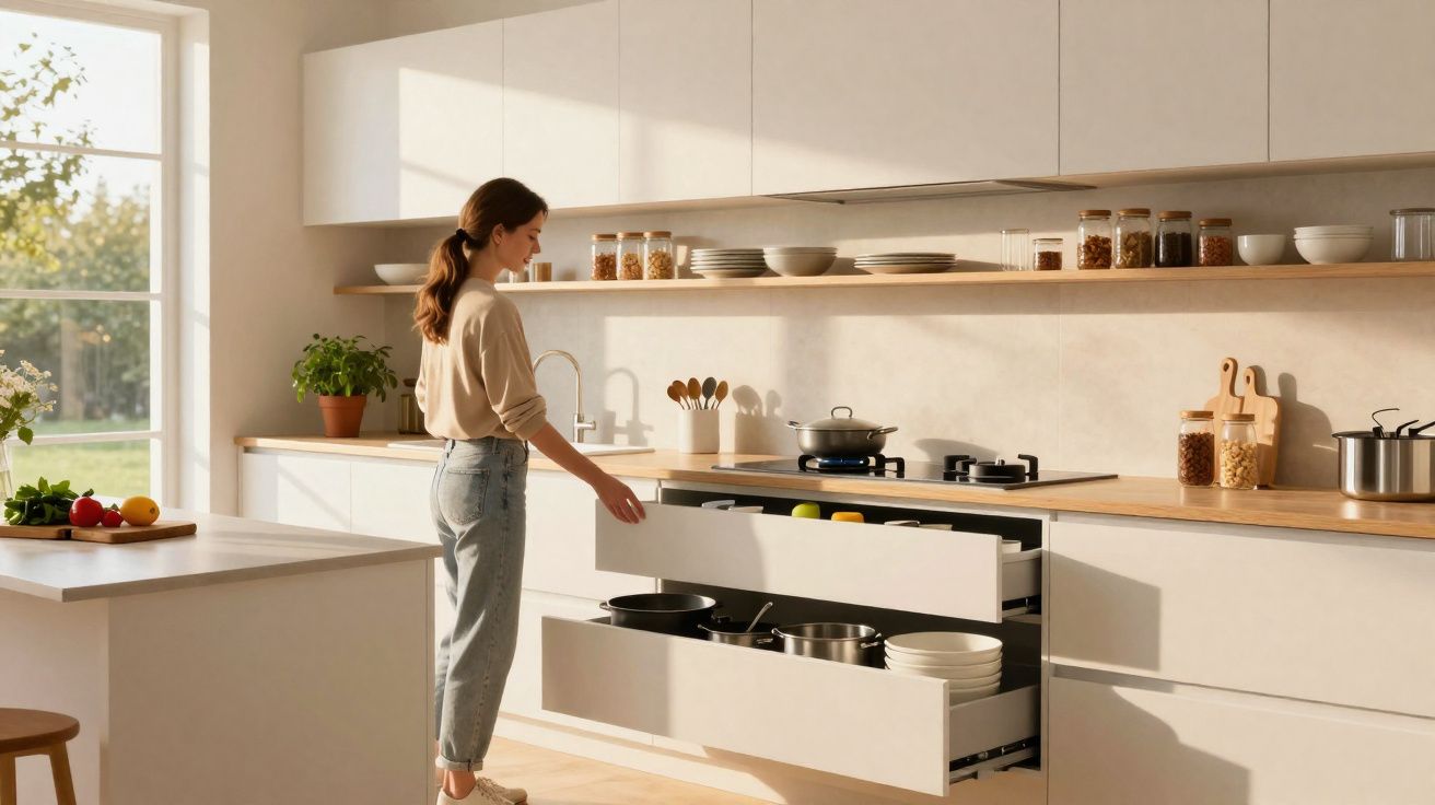 Woman opening kitchen drawers in modern white kitchen with wooden countertop and jars on shelves