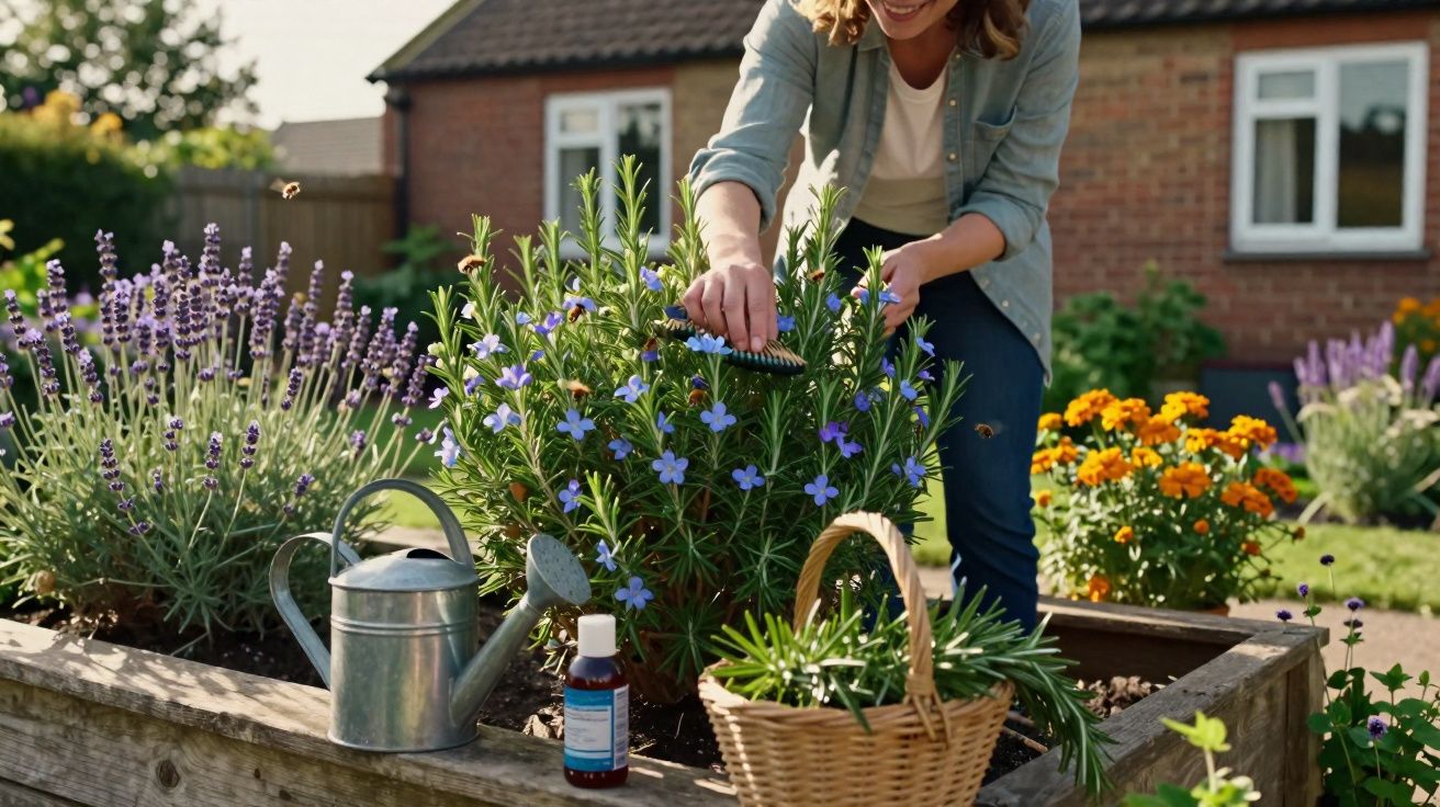 Woman tending blooming lavender and blue flowers in a raised garden bed with watering can and basket nearby.