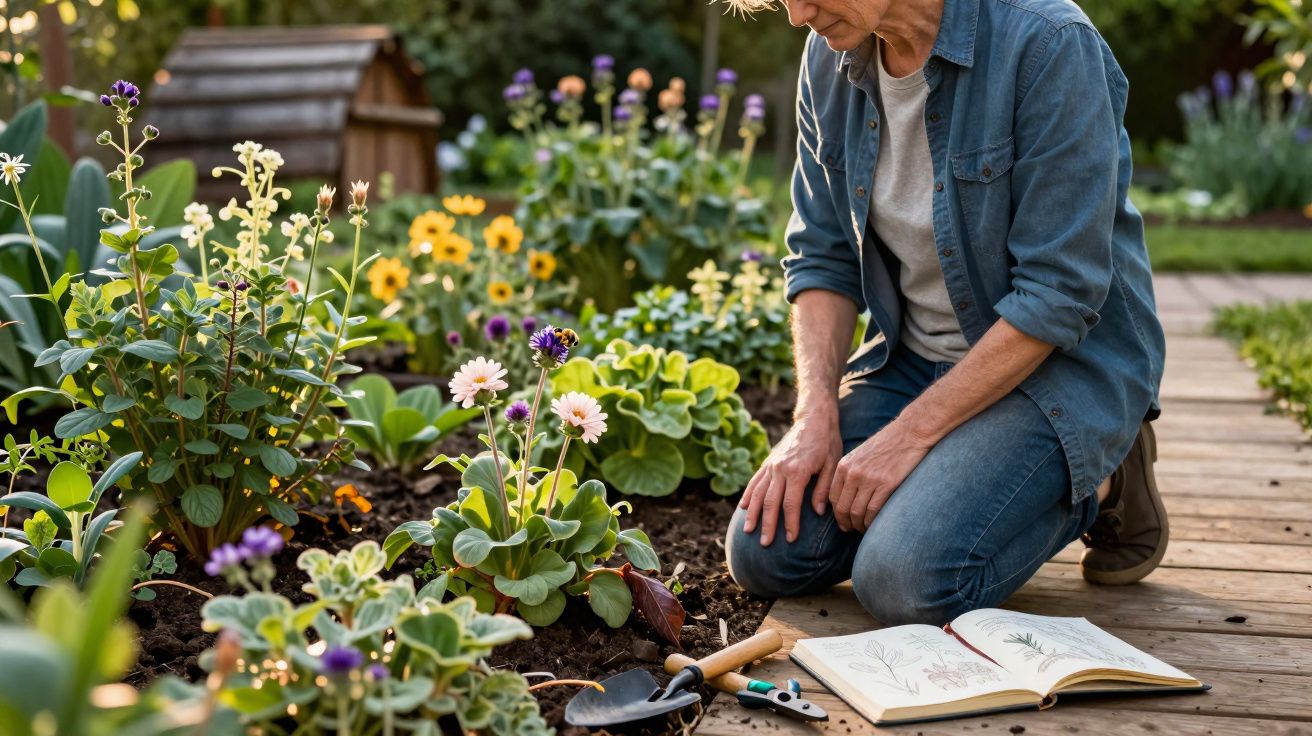 Person kneeling in a garden beside flowering plants with gardening tools and a botanical sketchbook on a wooden path.