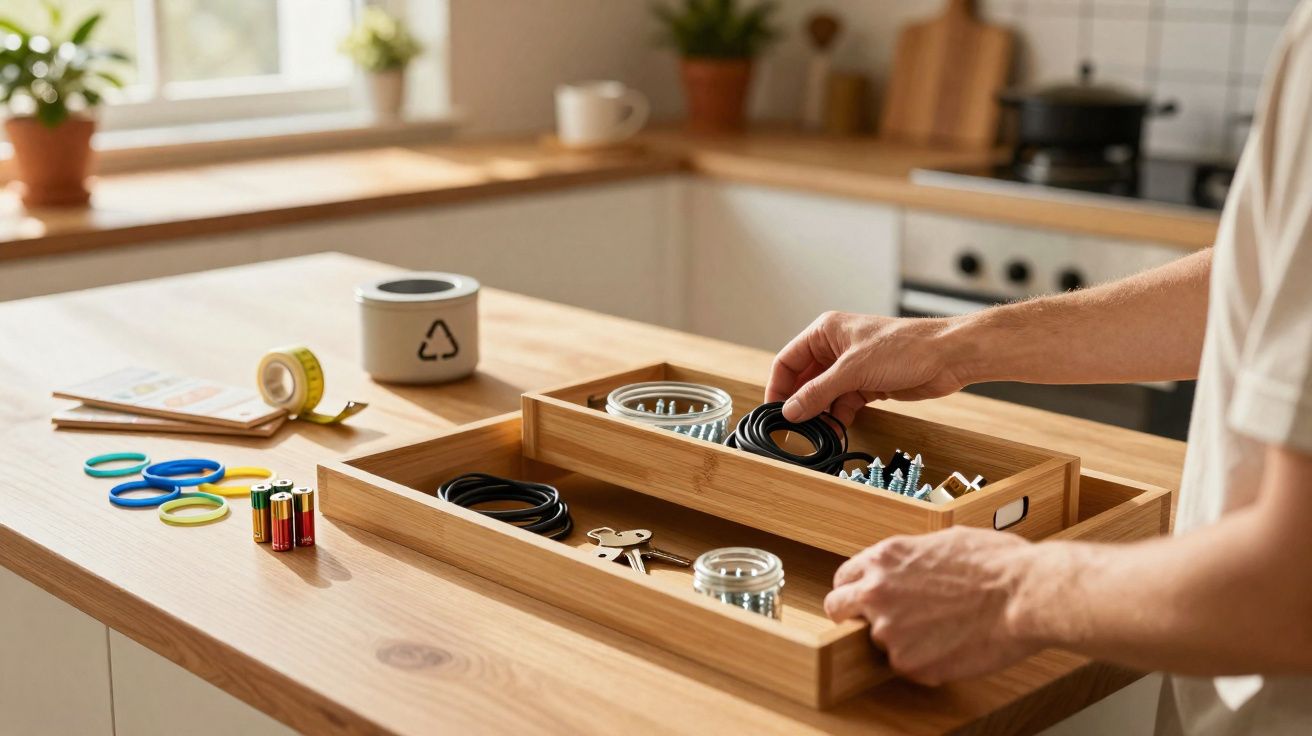 Person organising black rubber bands and various small items in wooden trays on a light wood kitchen counter.