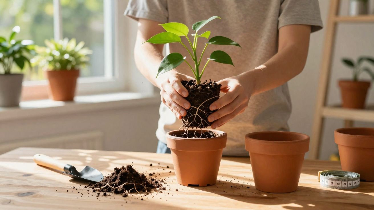 Person repotting a young green plant into a terracotta pot on a wooden table by a window.