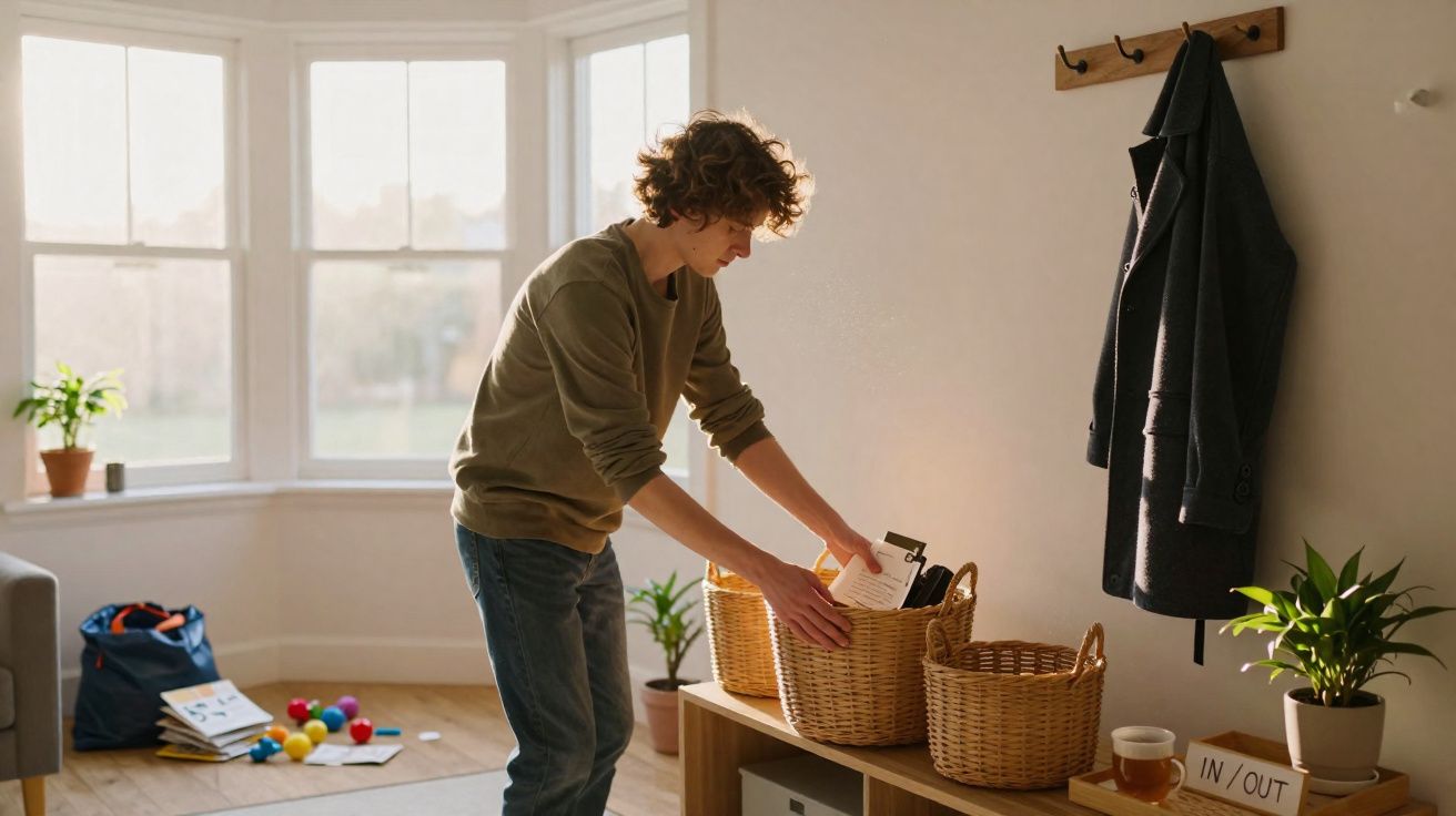 Person organising papers in wicker basket on wooden shelf in bright living room with plants and coats.