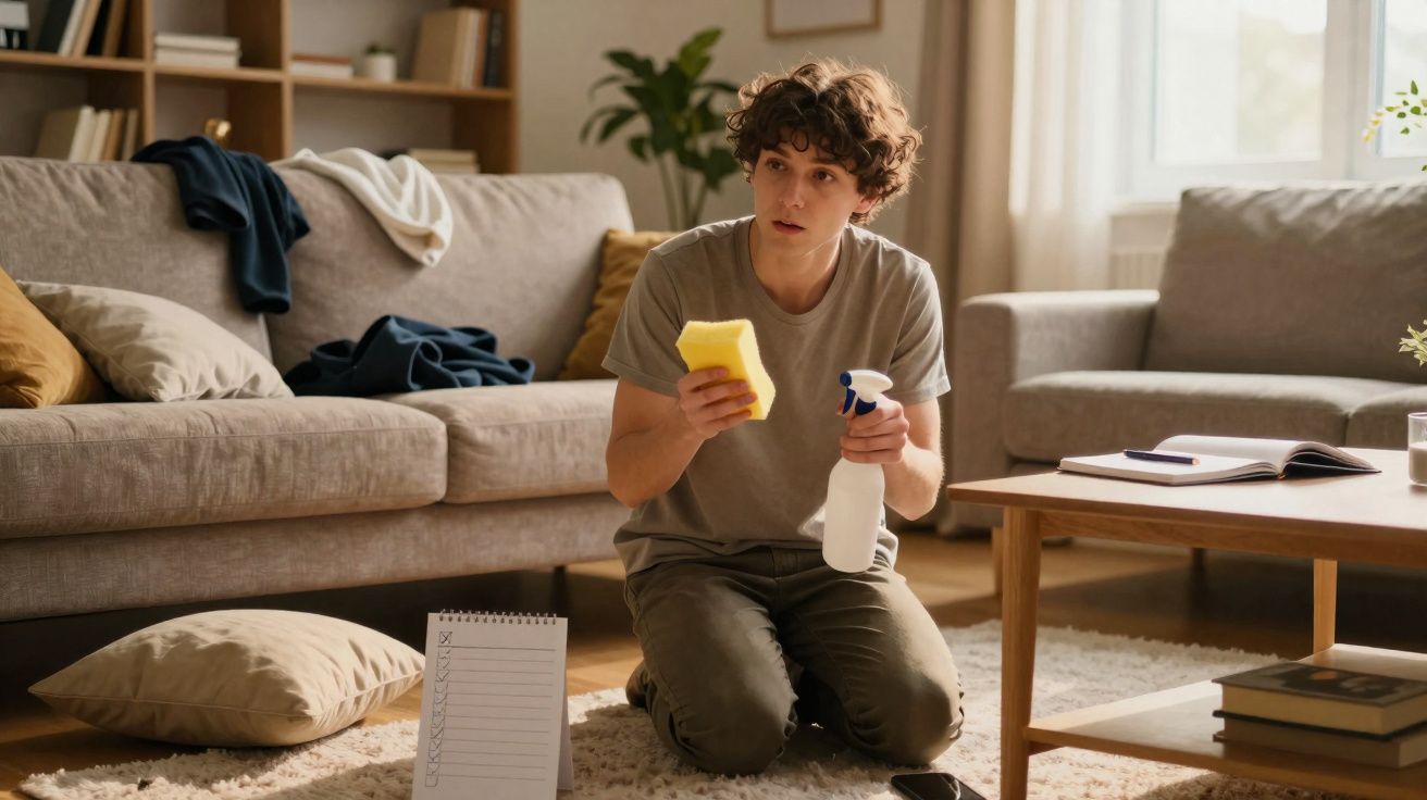 Young man kneeling on carpet with sponge and spray bottle, preparing to clean a living room.