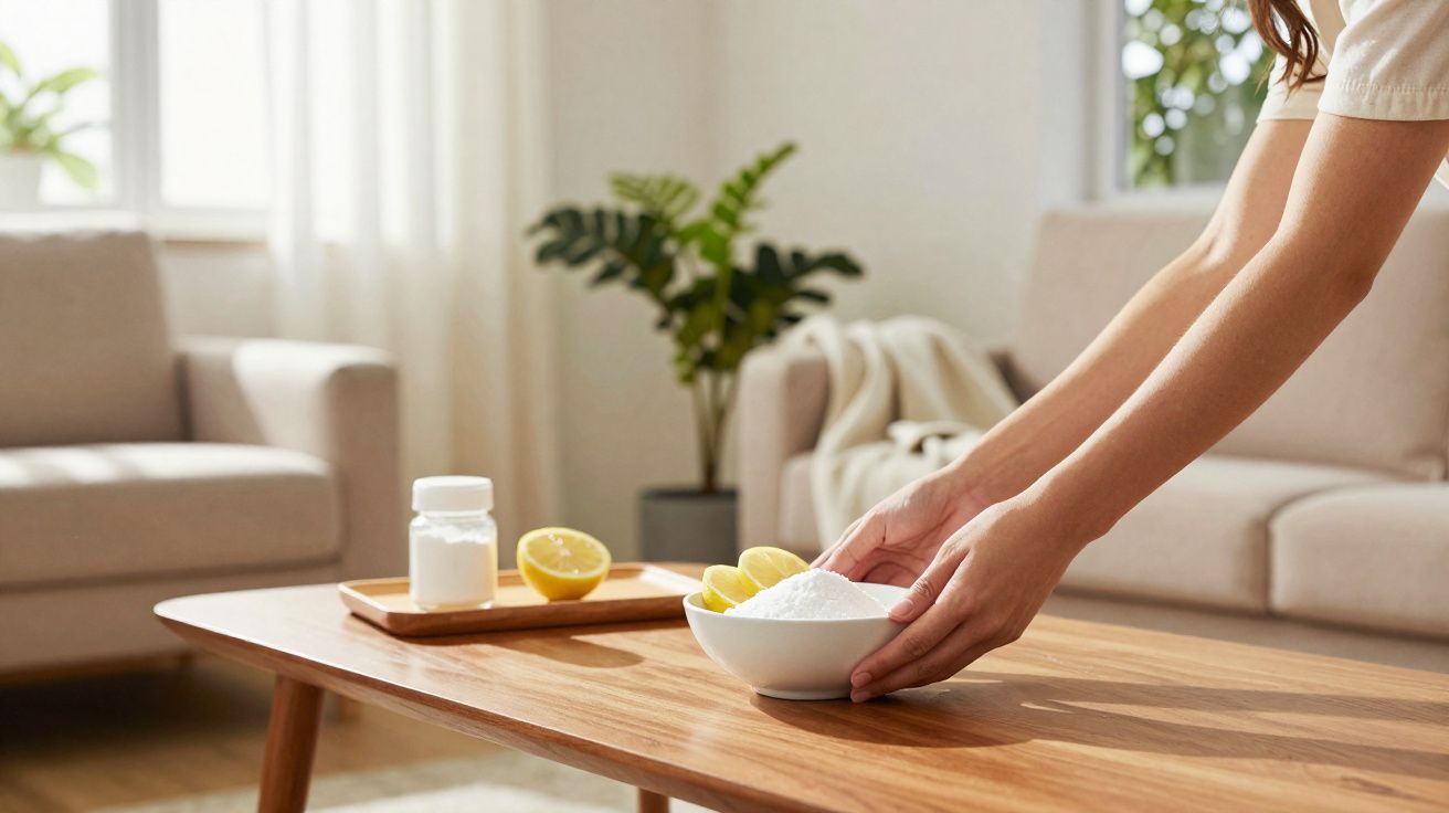 Person placing a bowl of salt and lemon wedges on a wooden coffee table in a bright living room.