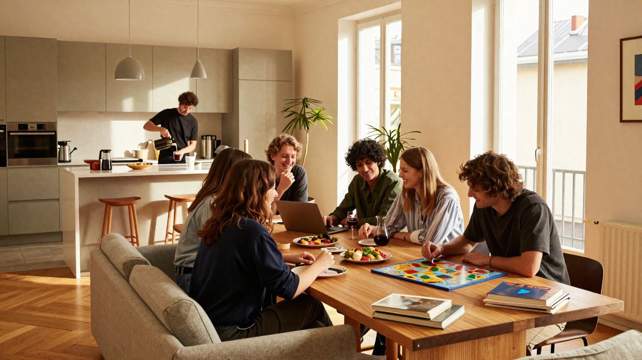 Group of young adults gathered around a table playing a board game in a bright, modern living room.