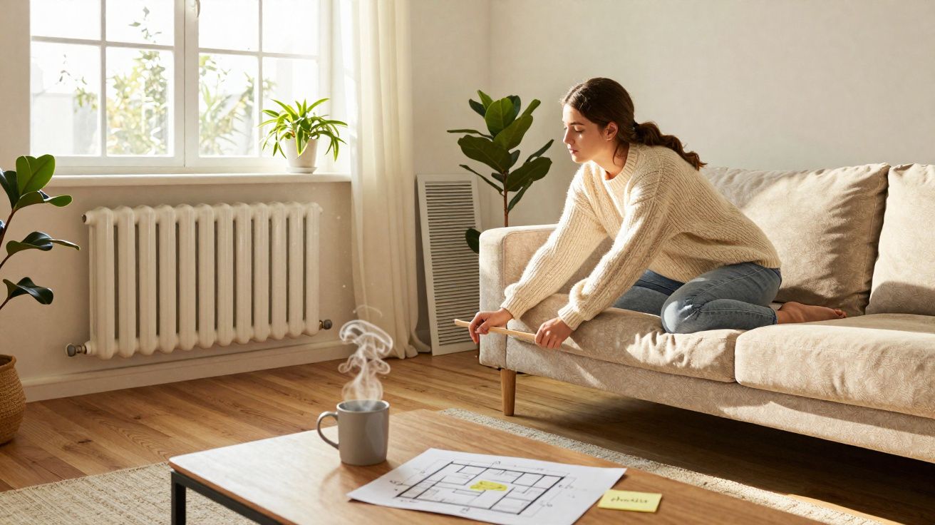 Woman in a cream sweater lighting incense while sitting on a beige sofa in a sunlit living room.
