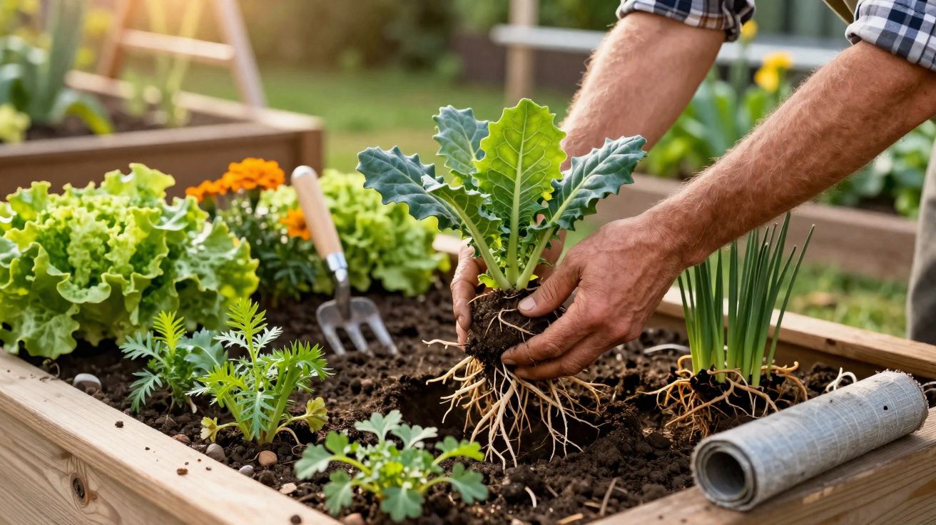 Hands planting leafy green vegetable seedlings in a raised wooden garden bed with other plants and gardening tools nearby.