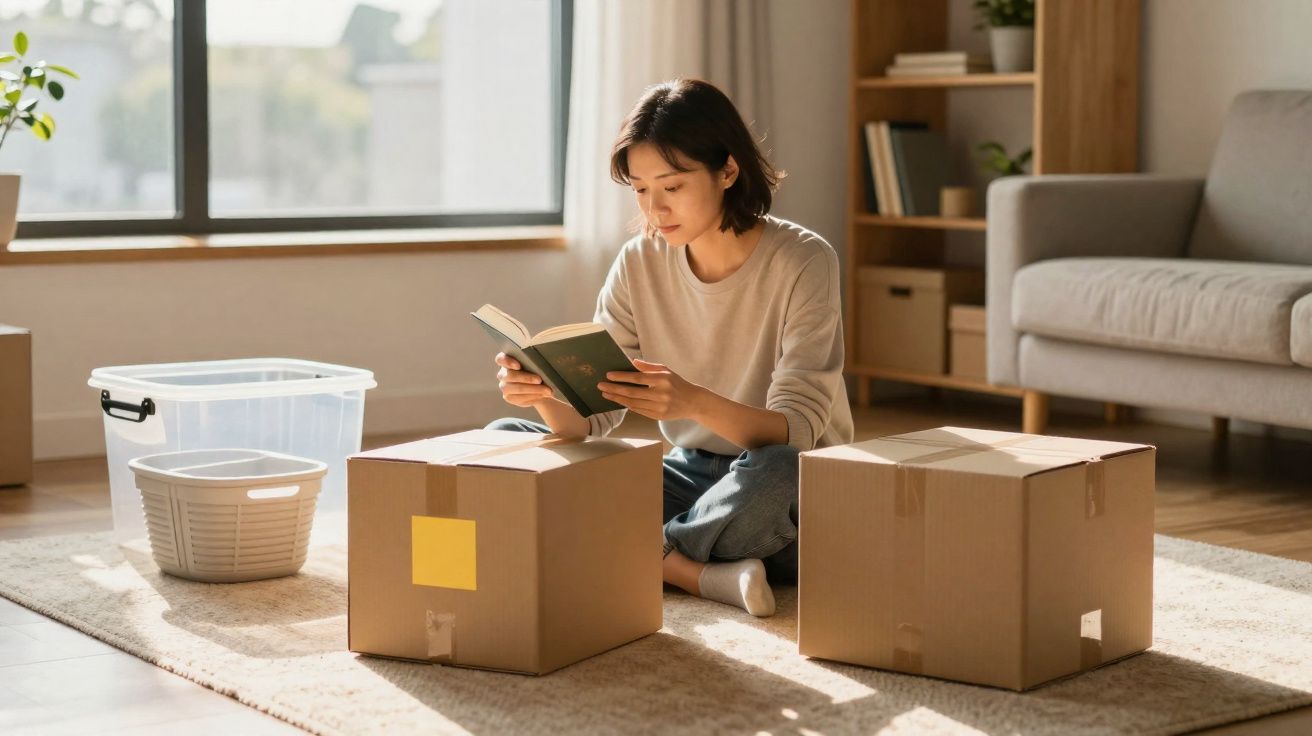 Woman sitting on the floor reading a book surrounded by cardboard boxes and storage containers in a bright living room.