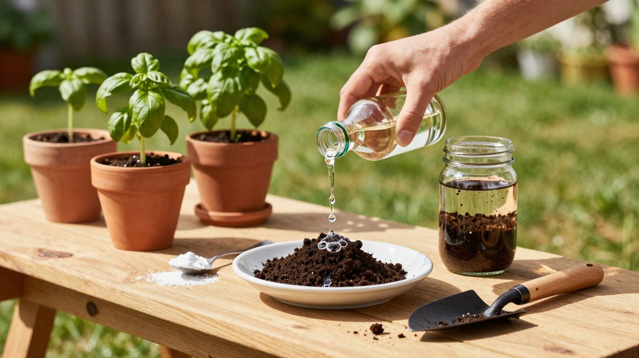 Hand pouring liquid from bottle onto soil on plate with potted basil plants, spoonful of powder, and garden trowel nearby.