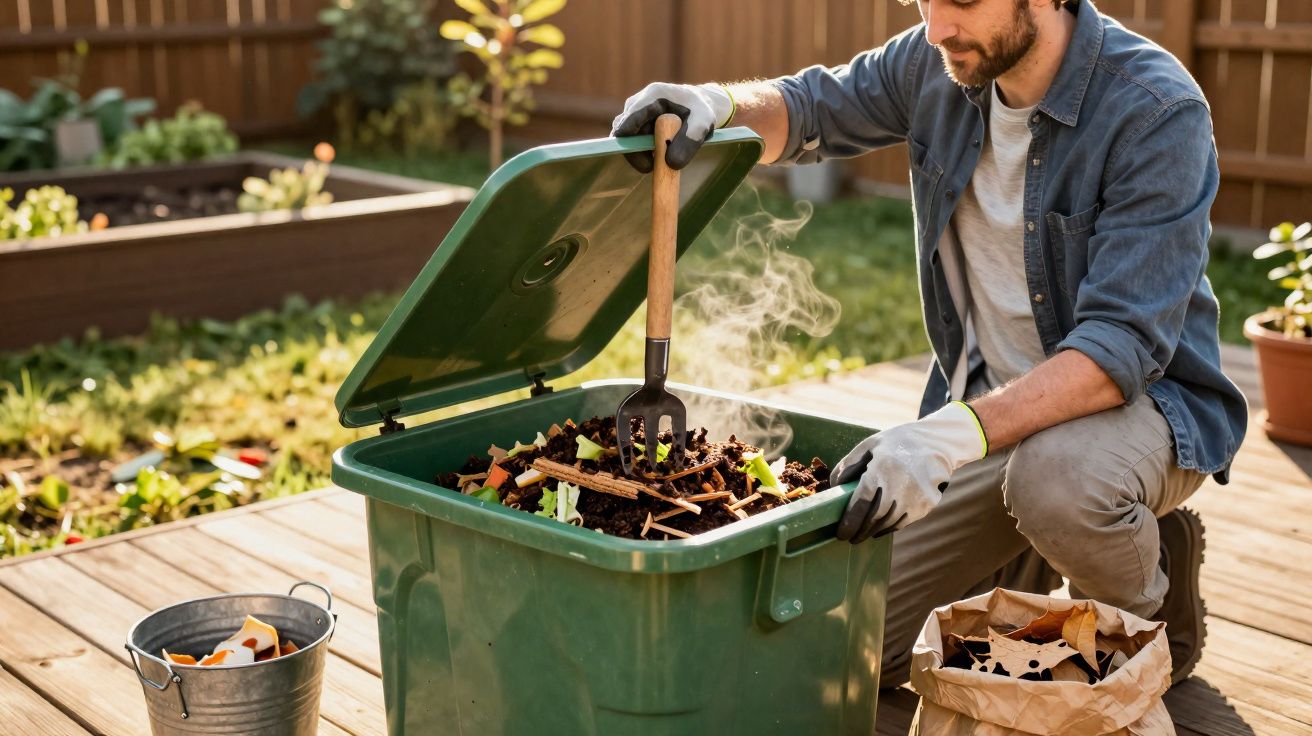 Man turning garden compost with a fork in a green bin on a wooden patio in a backyard garden.
