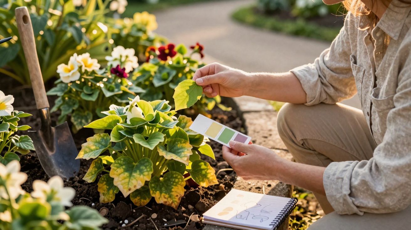 Person examining plant leaves using a colour chart in a garden with a trowel and notebook nearby.