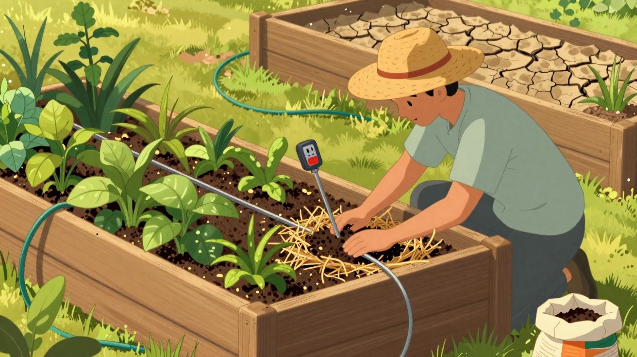 Person wearing a hat tending to plants in a raised garden bed with a soil moisture sensor and watering system.