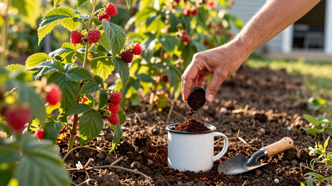Hand adding soil to a white cup outdoors near raspberry plants and a garden trowel in sunlight.