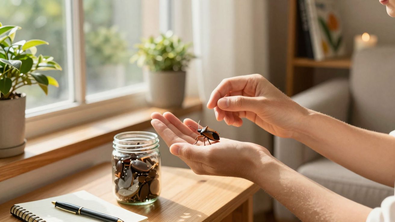 Person holding a large rubber cockroach toy in hands with a jar full of similar toys on a table by a window.
