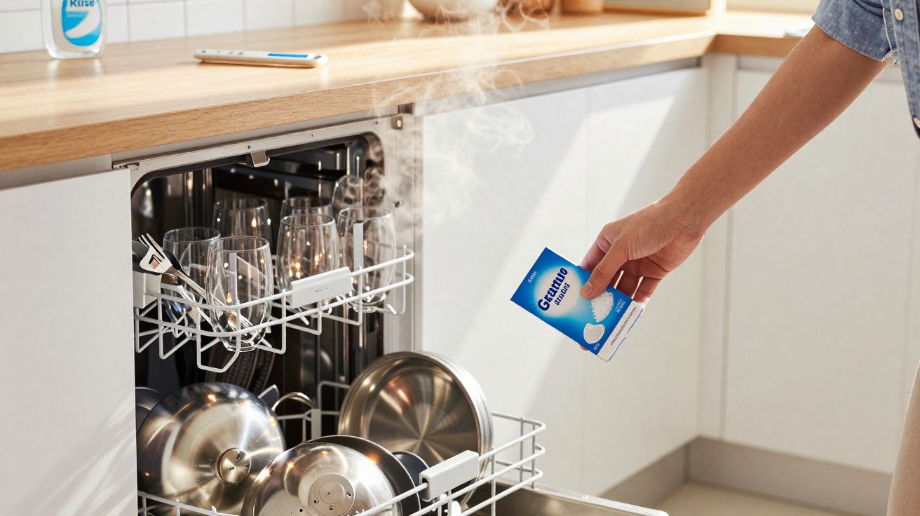 Person adding dishwasher cleaner to an open dishwasher filled with pots, pans, and glassware in a bright kitchen.