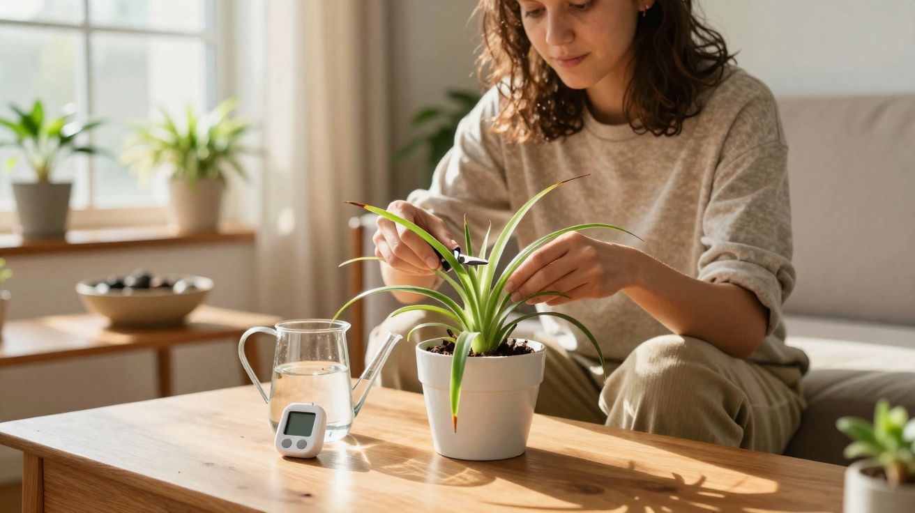 Woman pruning a small green plant in a white pot on a wooden table with a watering can and digital timer nearby.
