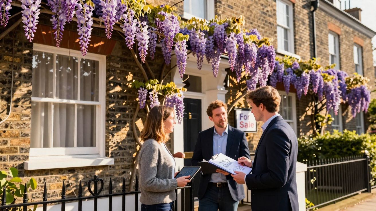 Three people discussing property details outside a brick house with purple wisteria and a for sale sign.