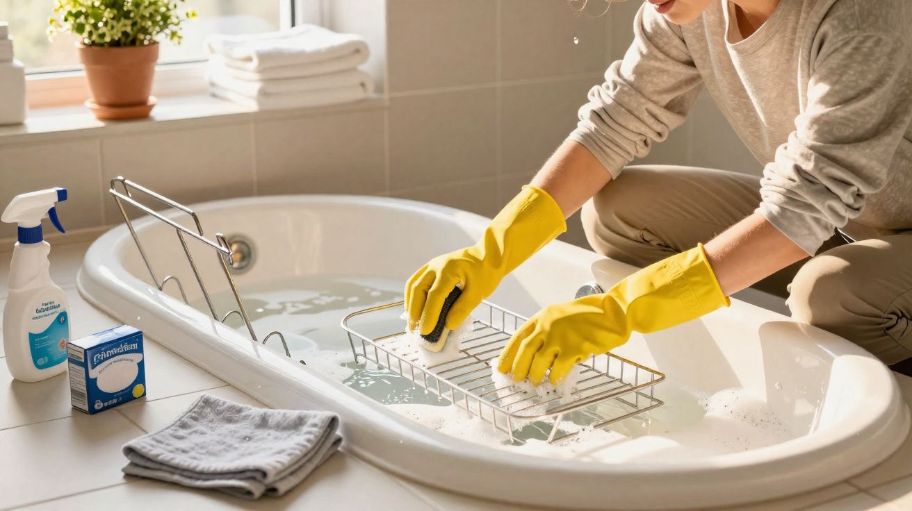 Person wearing yellow gloves cleaning a bathtub with soap and scrubbers in a bright bathroom.