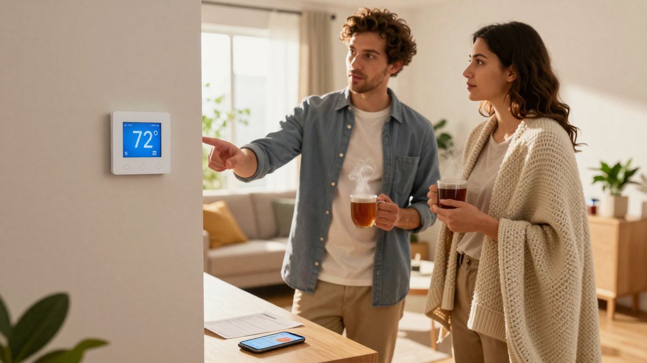 Couple adjusting a digital thermostat at home while holding steaming hot drinks in a bright living room.