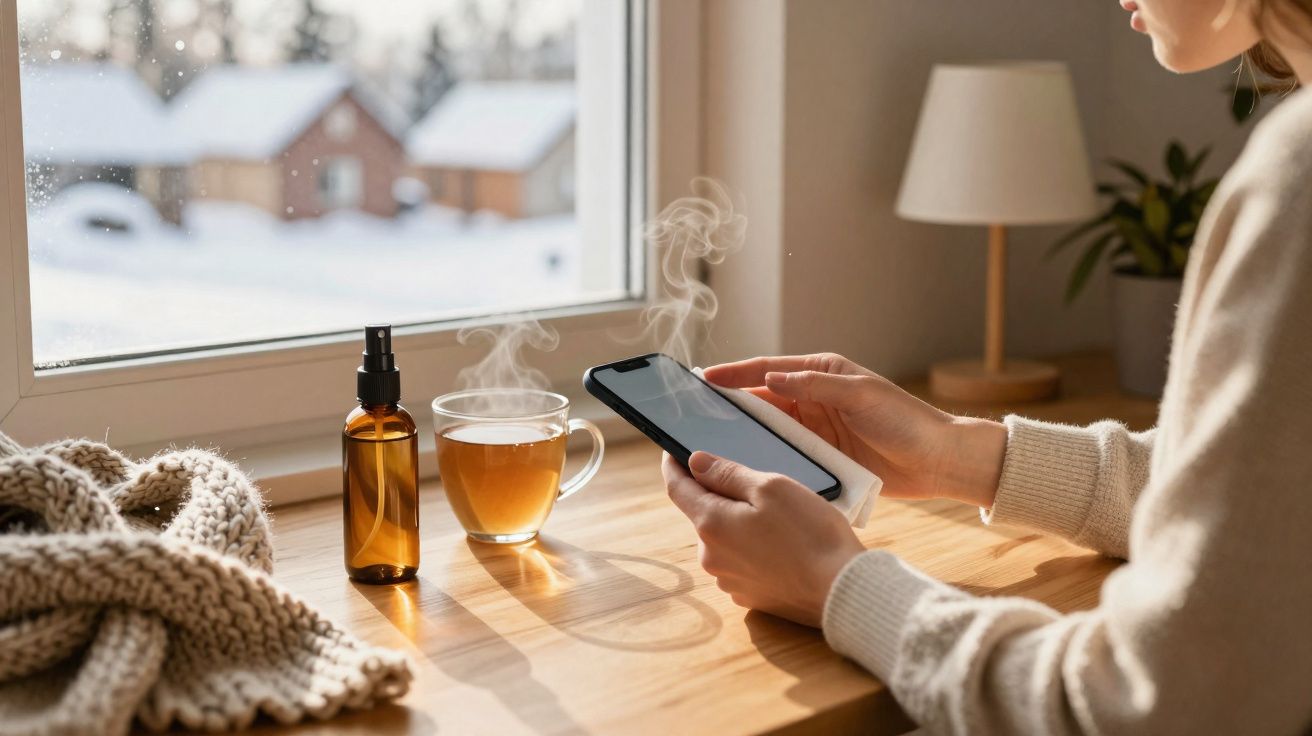 Person holding a smartphone by a window with a steaming cup of tea, a spray bottle, and a knitted blanket nearby.