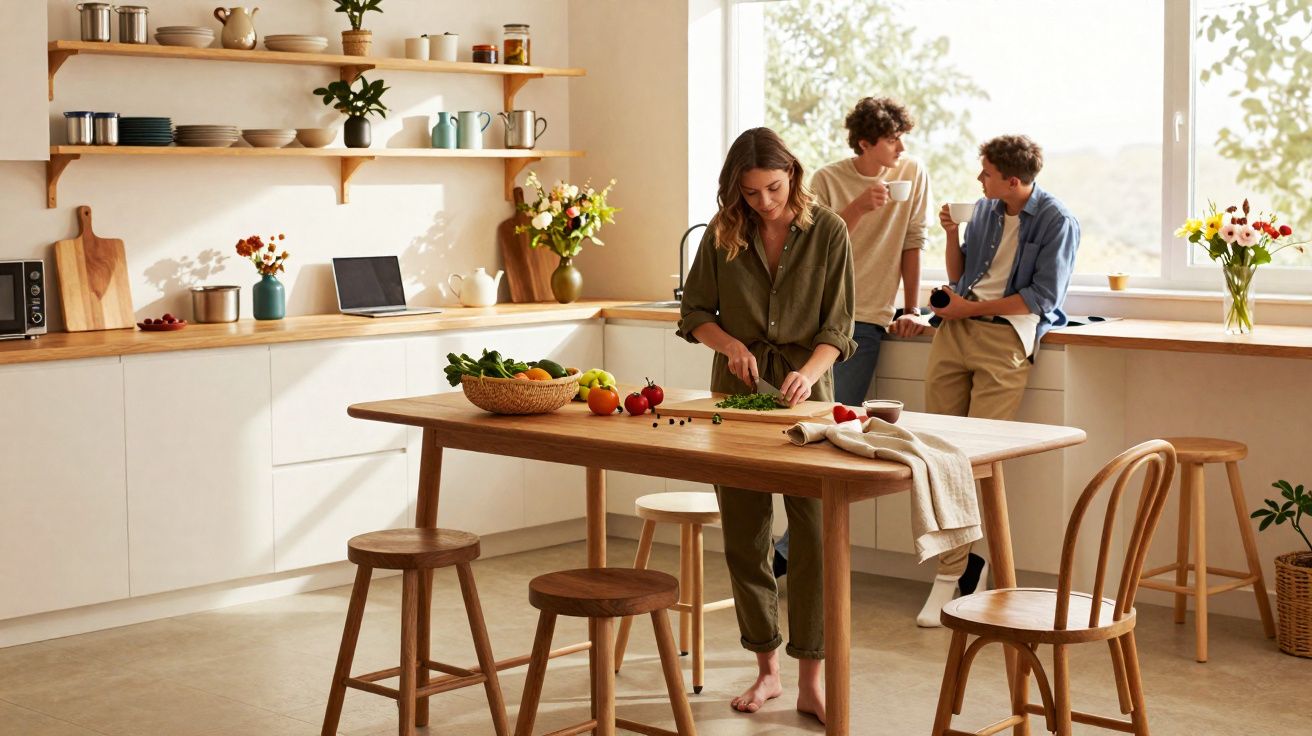 Three people in a bright kitchen, one chopping vegetables at a wooden table, two chatting by the window.