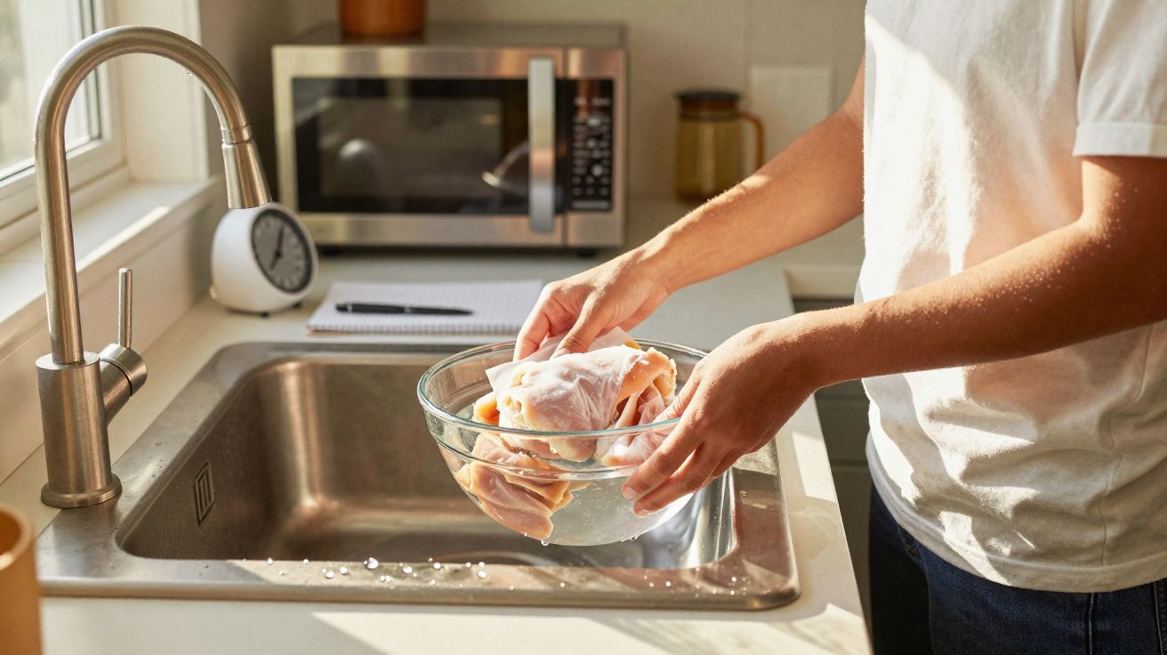 Person washing raw chicken pieces in a glass bowl over a kitchen sink with natural sunlight.