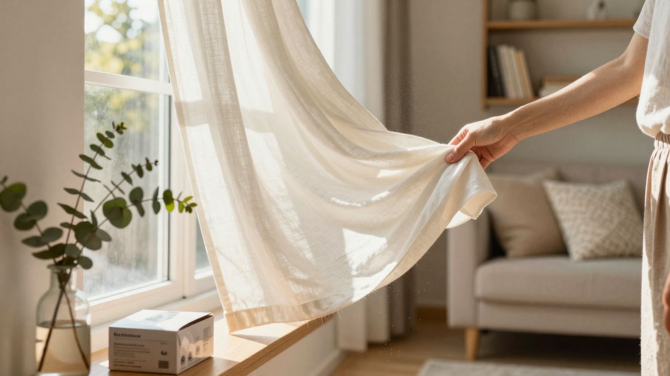 Hand lifting a sheer white curtain near a sunlit window with a plant and sofa in the background
