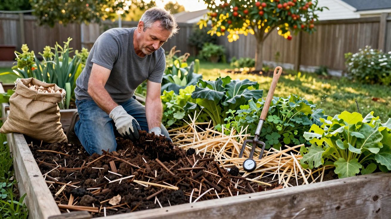 Man wearing gloves gardening in a raised wooden bed with plants and soil in a sunny backyard.