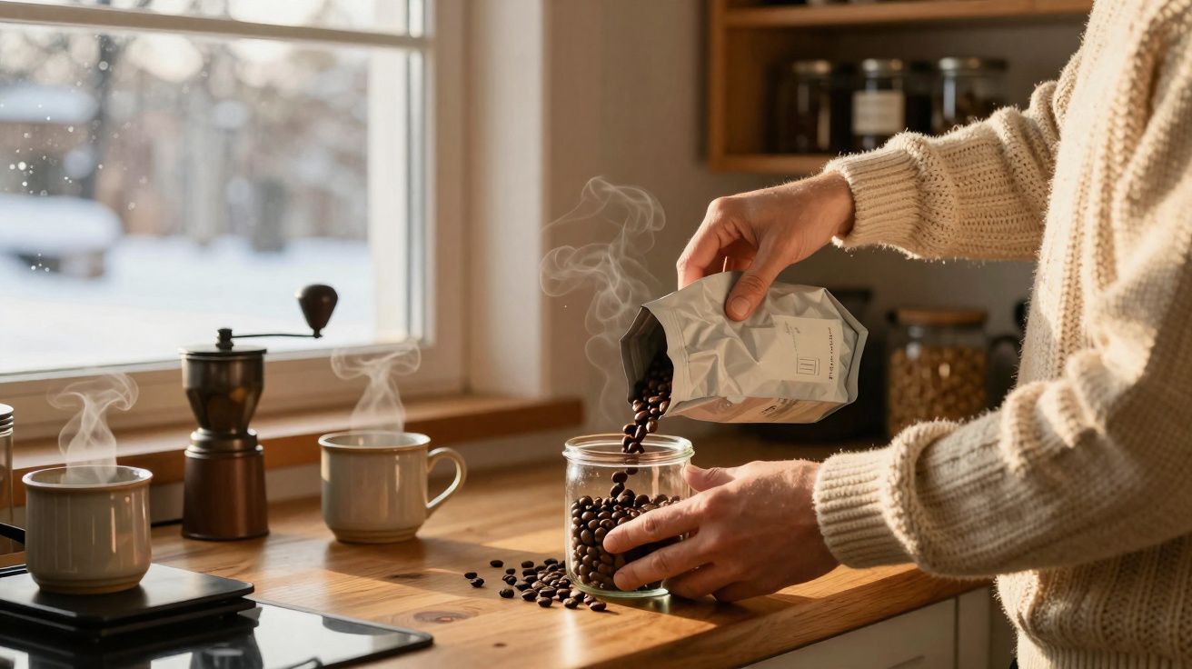 Person filling a glass jar with coffee beans on a wooden kitchen counter near steaming mugs.