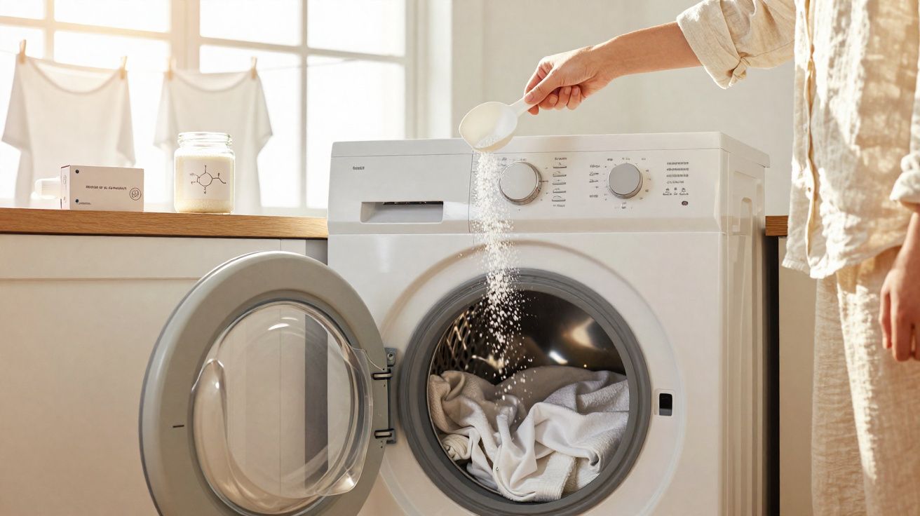 Person adding detergent powder into front-loading washing machine with laundry inside in bright room.