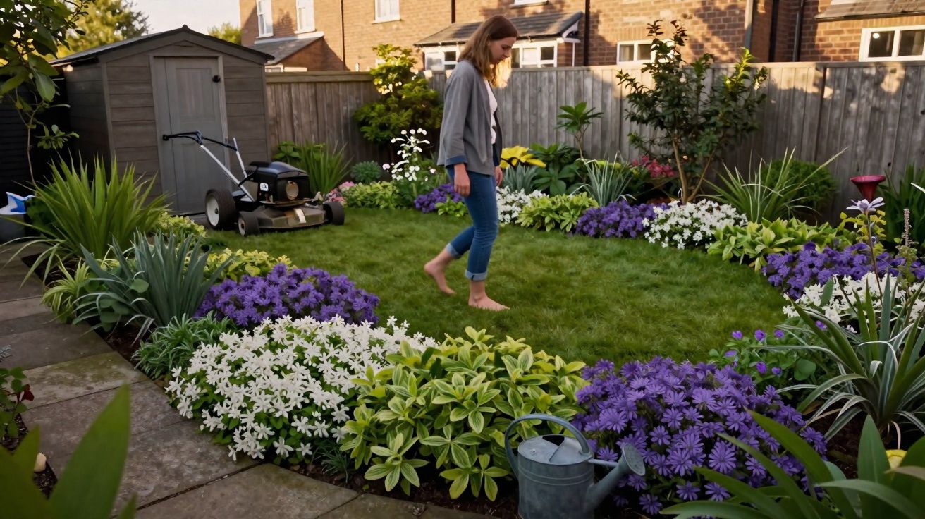 Barefoot woman walking on grass in a colourful garden surrounded by flowerbeds with a shed and lawnmower in the background.