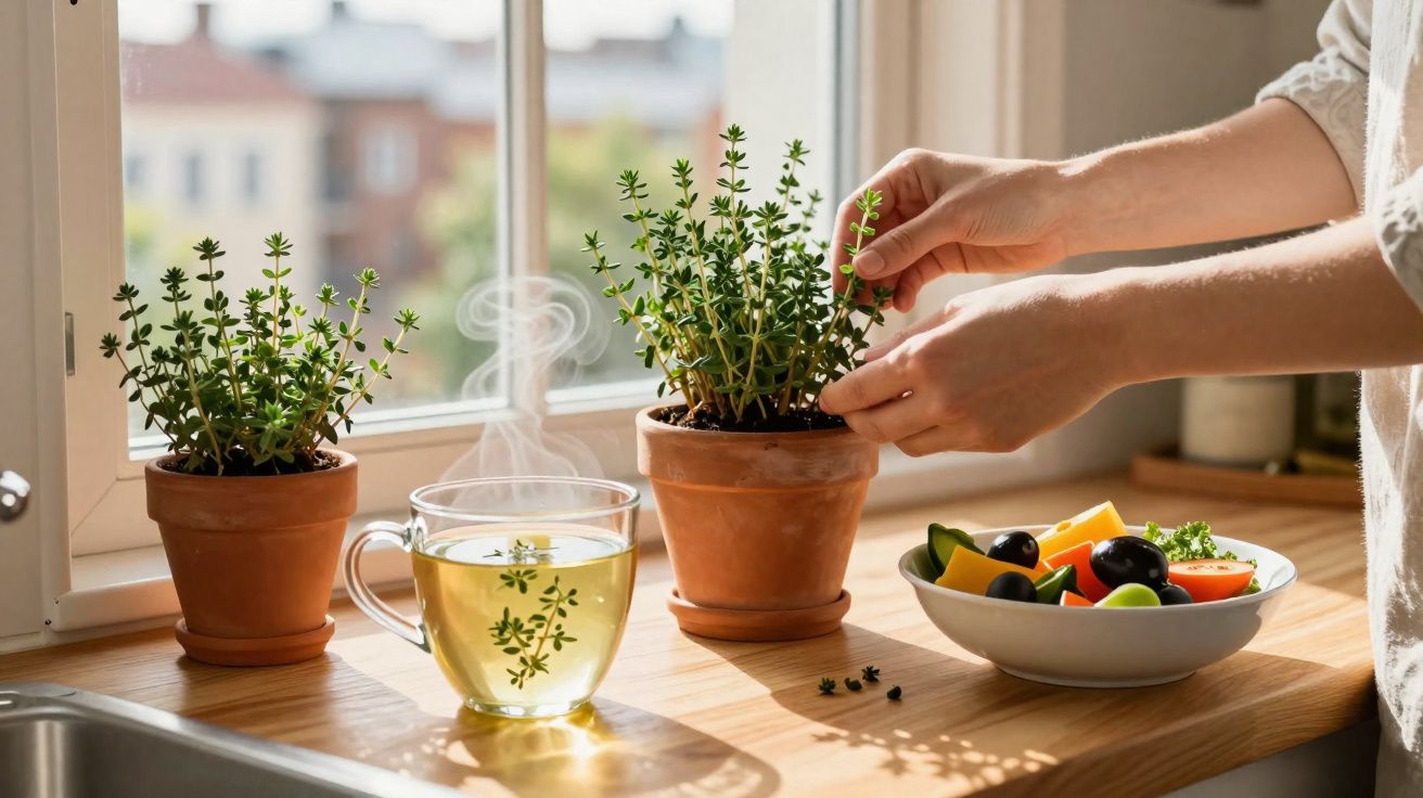 Hands picking fresh thyme from a pot beside a steaming cup of herbal tea and a bowl of fresh vegetables.