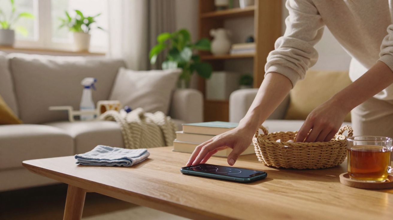 Person reaching for a smartphone on a wooden coffee table with a basket, books, and a glass of tea nearby.