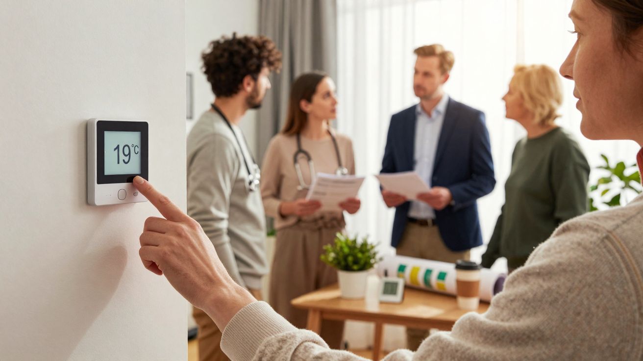 Person adjusting a thermostat to 19°C with four colleagues in medical and business attire talking in the background.