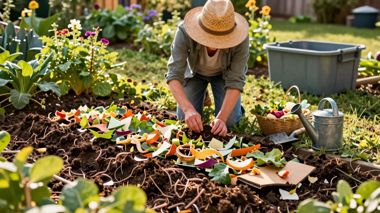 Person wearing a straw hat planting colourful vegetable scraps in a garden with gardening tools nearby.