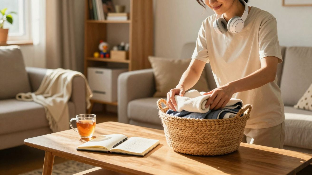 Person folding laundry into a wicker basket on a wooden coffee table in a cosy living room.