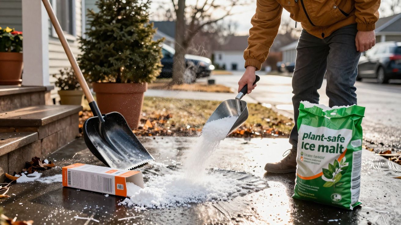 Person spreading plant-safe ice melt on a wet sidewalk near steps with shovels and brown leaves around.