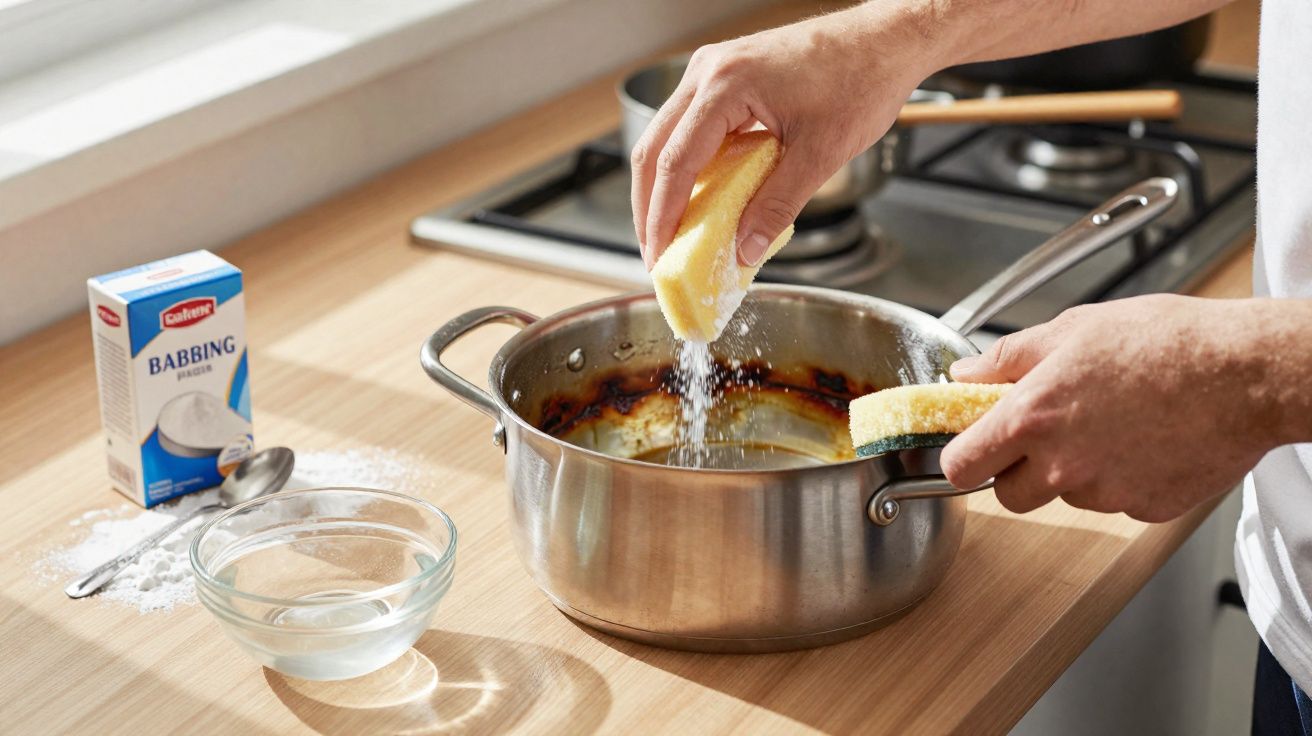 Person cleaning burnt residue from a stainless steel pot using a sponge and baking powder on a kitchen counter.