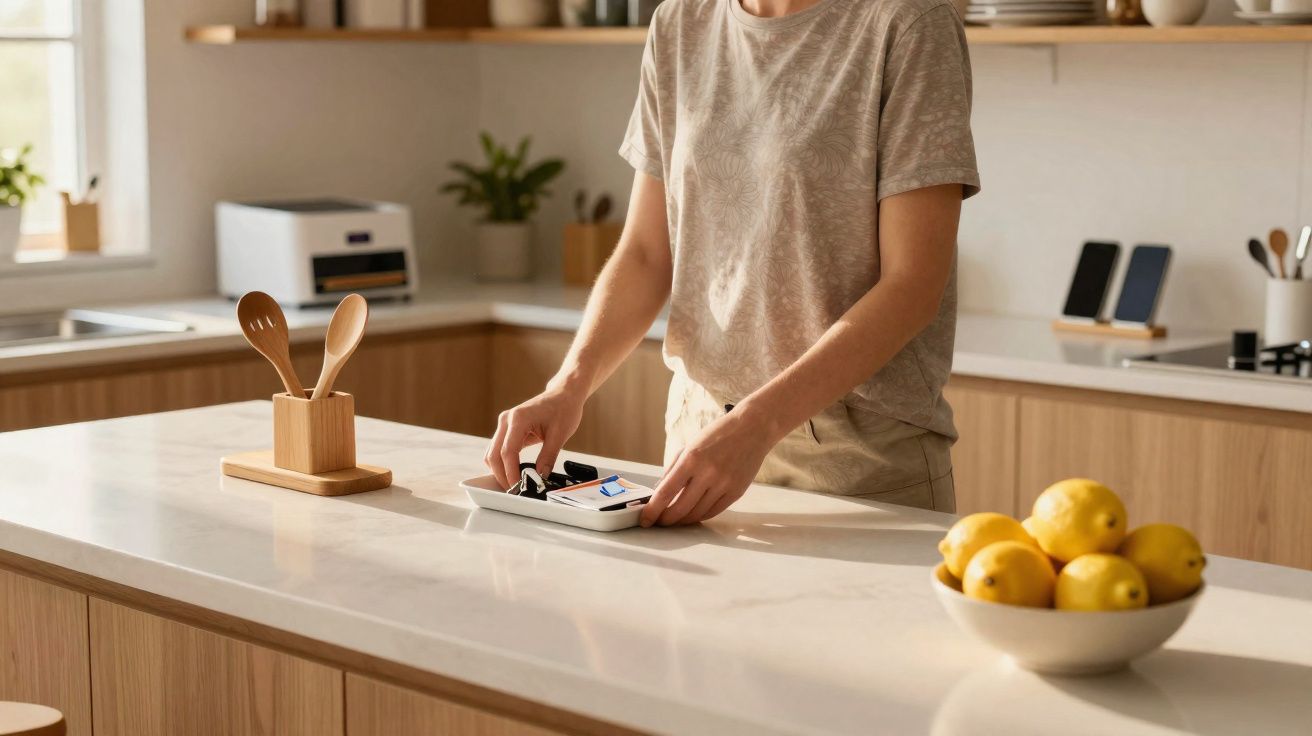 Person organising keys and cards on a white kitchen counter with lemon bowl and wooden utensils nearby.